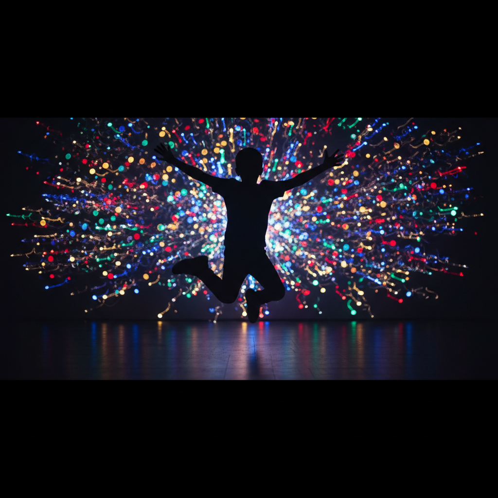 Silhouette of a boy jumping with energy, party lights