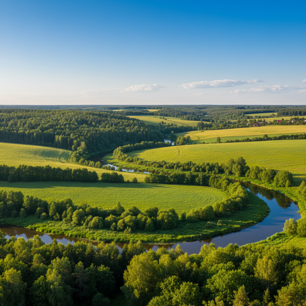 Beautiful nature landscape of Belarus, green forests and fields, rivers, blue sky, sunny day, realistic photography