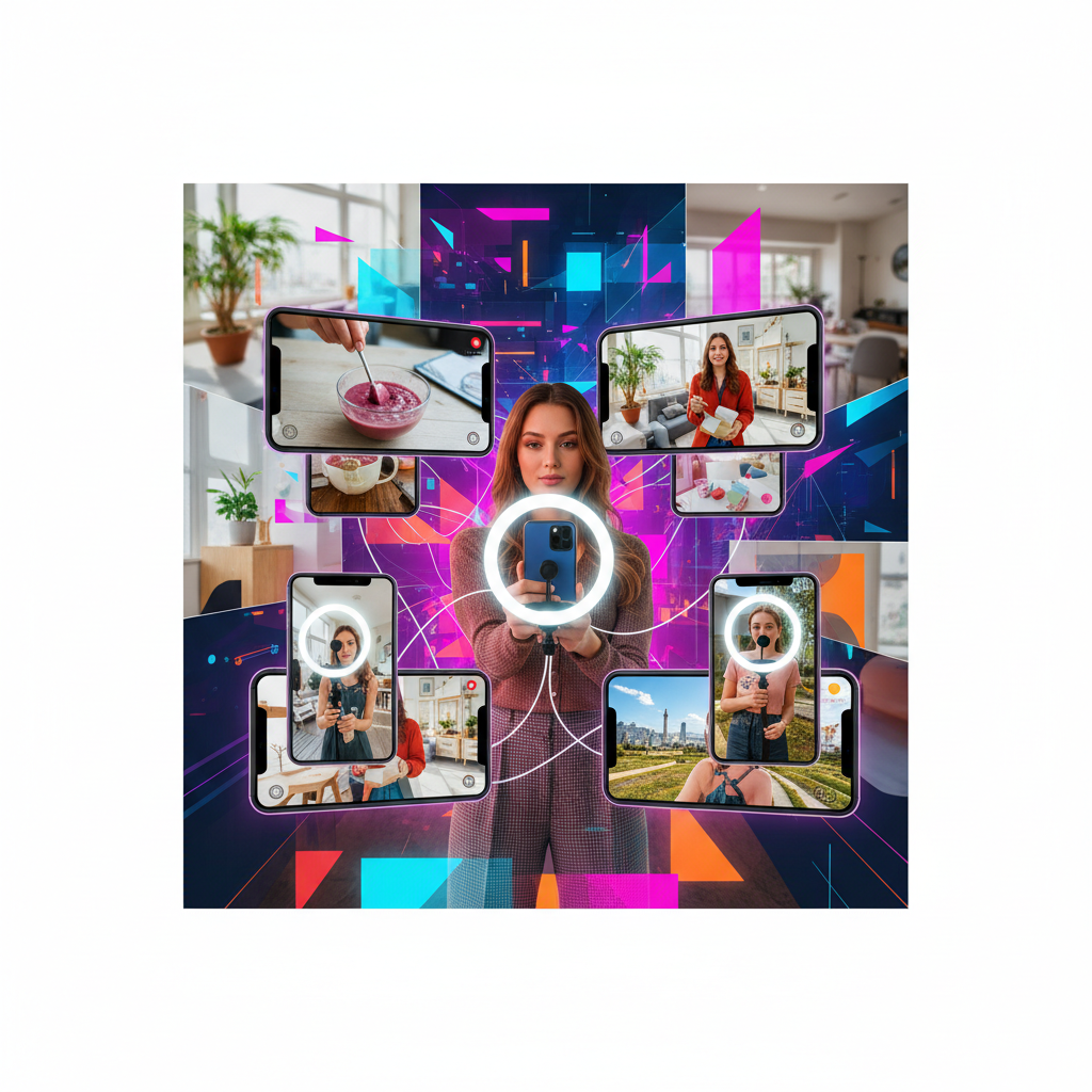 Visual concept of social media influencers, smartphone camera recording frames, ring lights, modern digital content creation vibe, collage style