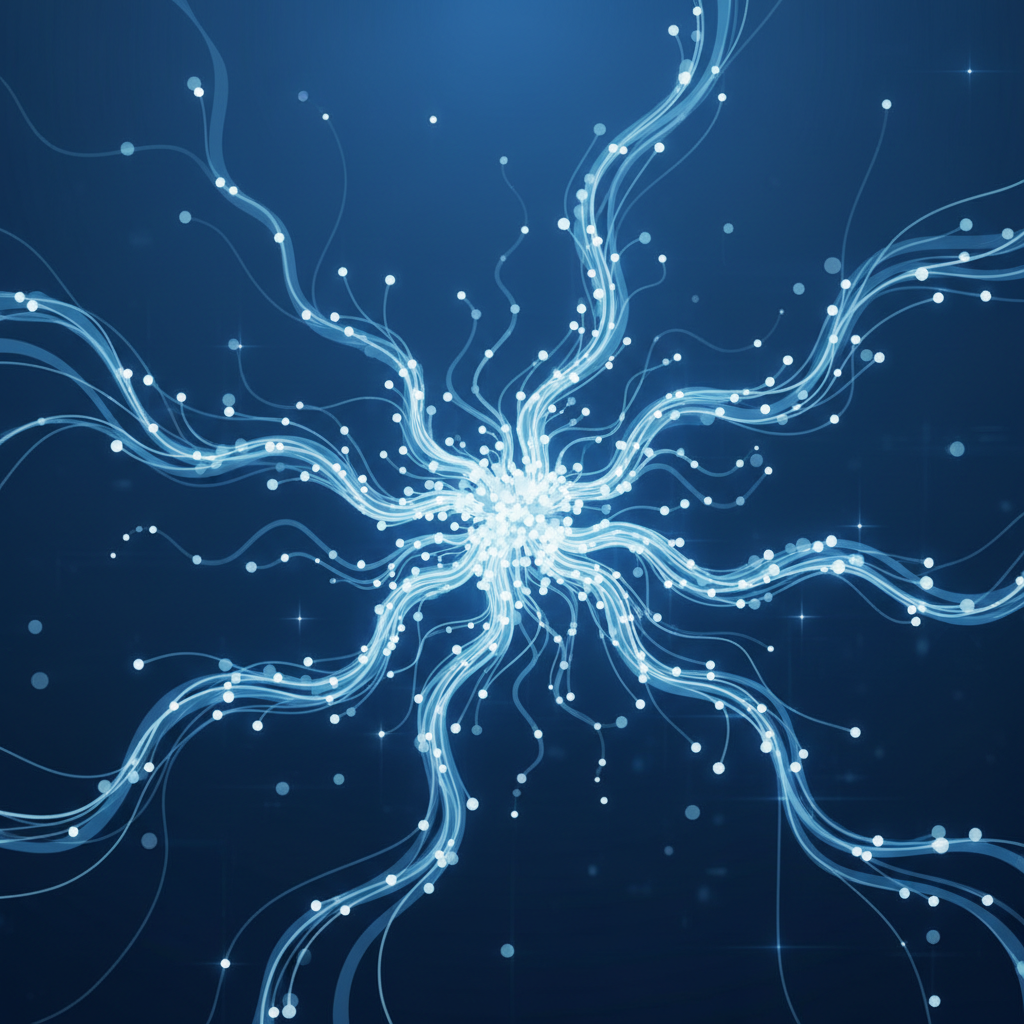 Abstract digital network showing different learning paths connecting nodes, symbolizing personalized education, blue and white color scheme