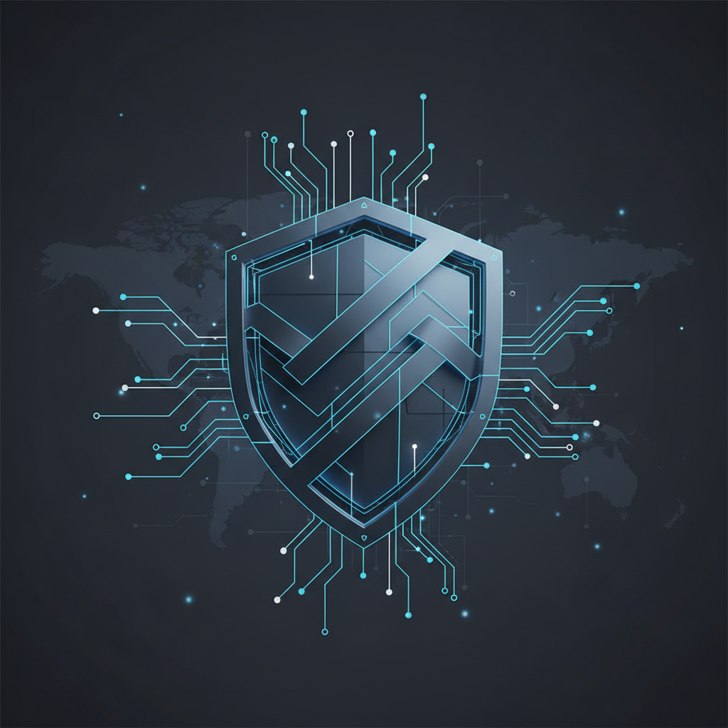 abstract cybersecurity digital shield network connection blue and dark grey background, high tech, corporate style, minimal 3d render