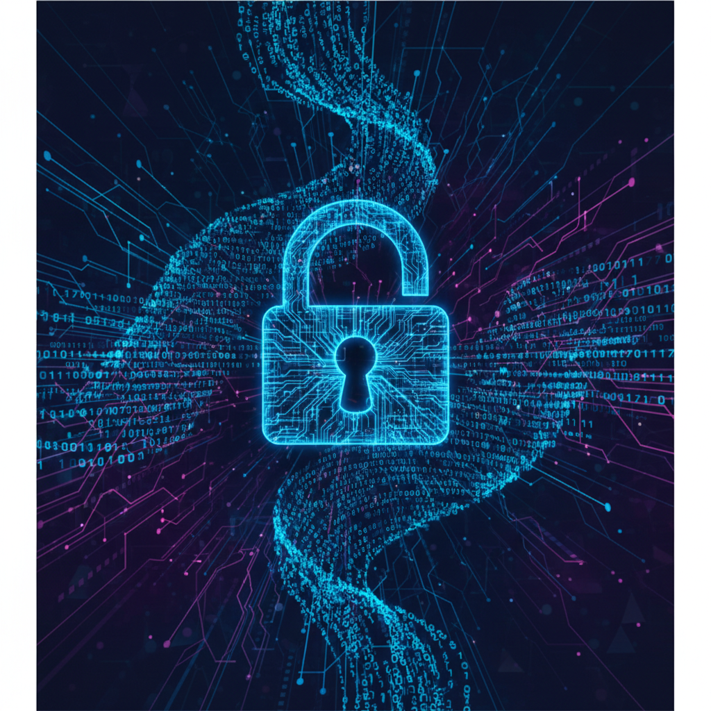 Abstract digital network background with a lock symbol, blue binary code data stream