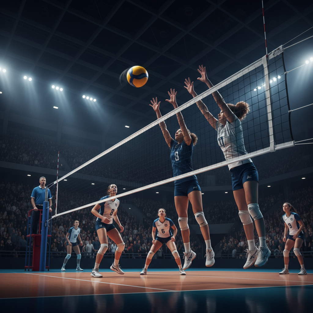 Cinematic shot of a volleyball match in a large arena, focus on the net and the ball in motion, dramatic lighting, professional sports photography