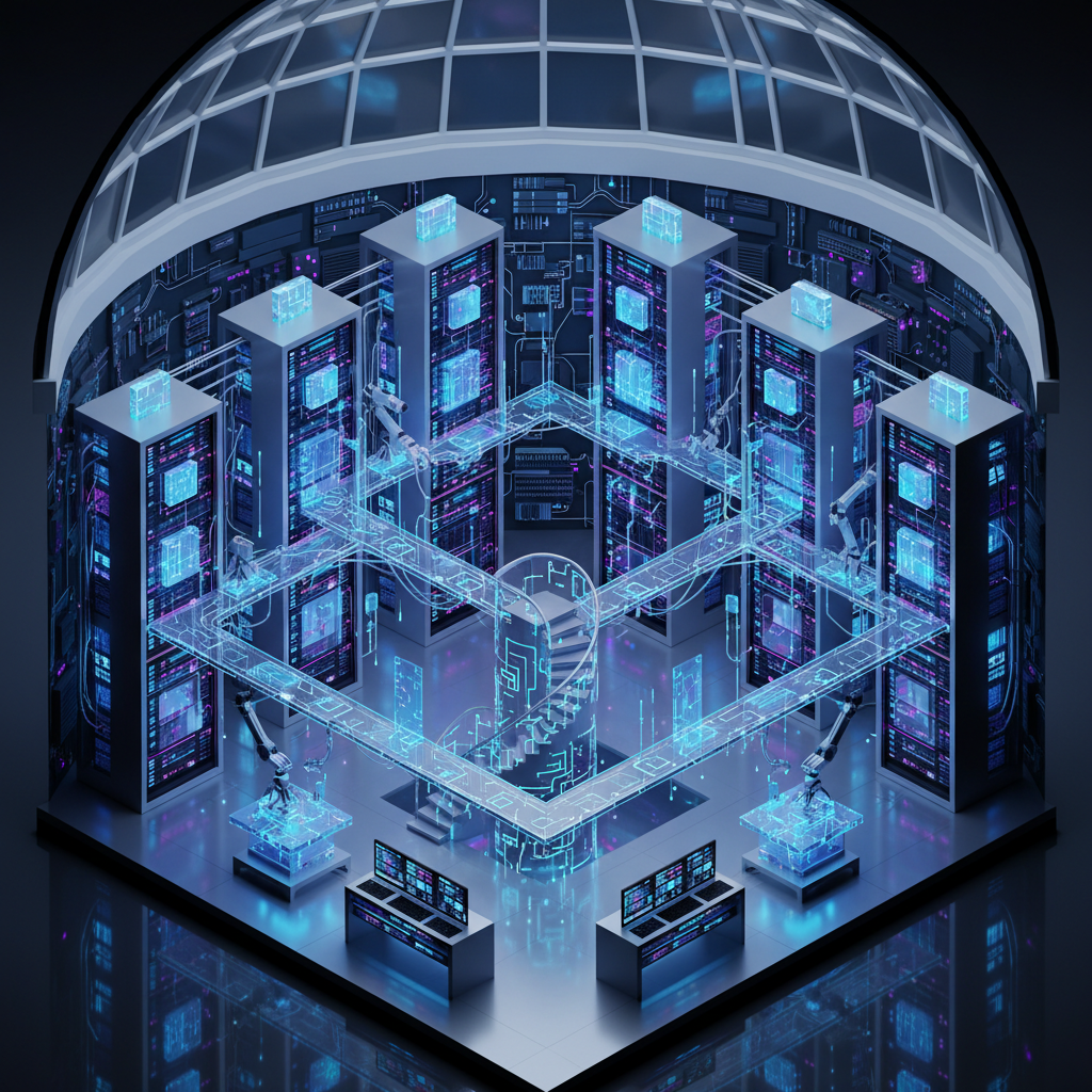 Isometric view of a digital server room mixed with a library, glowing data blocks, organized, blue and tech aesthetic