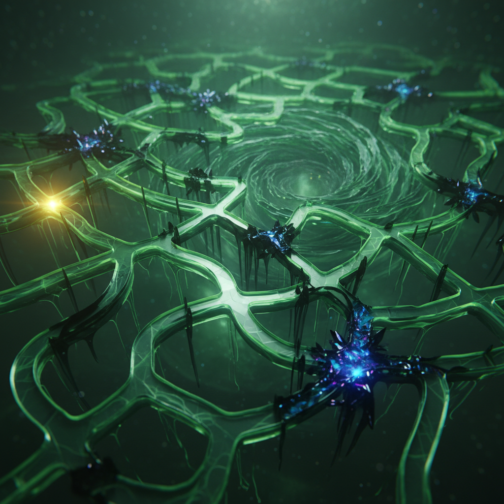 abstract representation of a dilemma or maze in green tones, representing complex decision making and consequences, cinematic, high detail