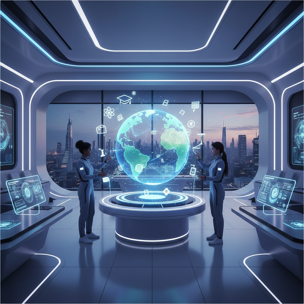 Futuristic classroom setting, hologram projection of a globe being manipulated by students, glowing educational icons, high tech learning environment