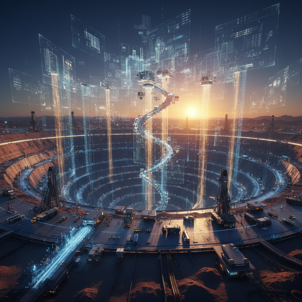Cinematic wide shot of a futuristic open-pit mine at sunrise, blending with digital data streams and holographic structures, golden and dark blue color palette, hyper-realistic, 8k resolution.