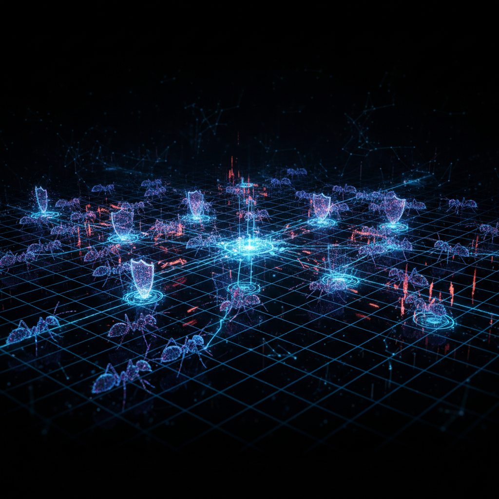 Conceptual visualization of digital cybersecurity ants protecting a glowing network grid, dark background, data visualization style, neon blue nodes