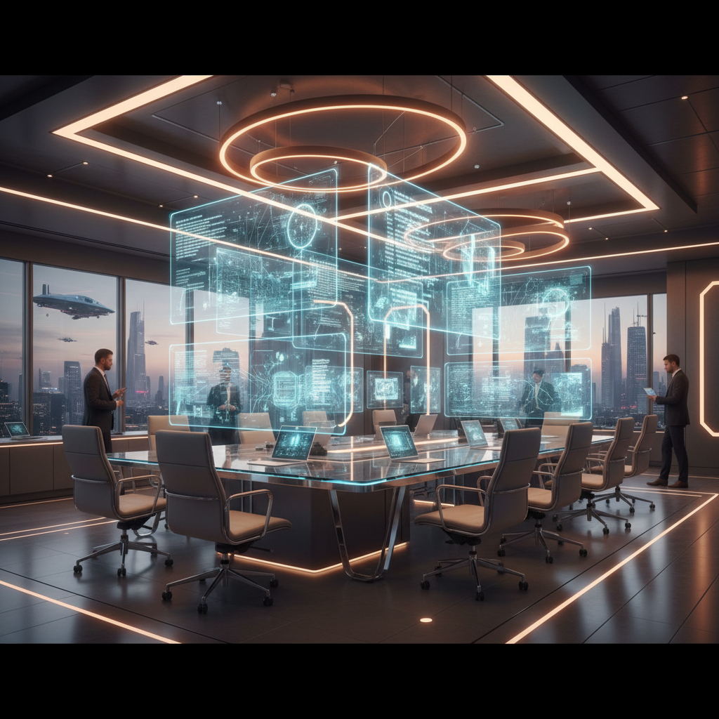 Futuristic collaborative workspace with holographic code projections, warm lighting, cinematic, professional photography style