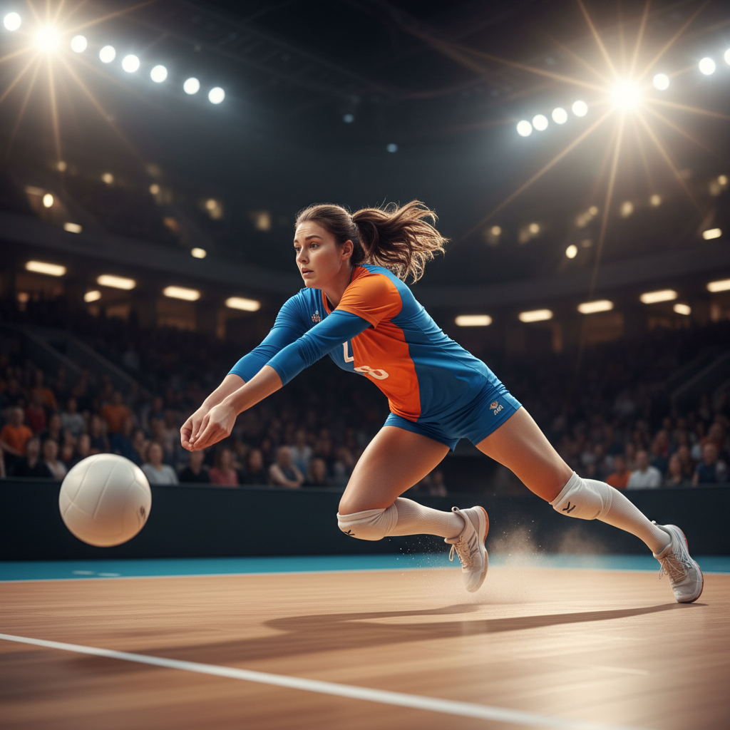 Volleyball libero player in a contrasting jersey diving for a ball, dynamic sports photography style, stadium lights background