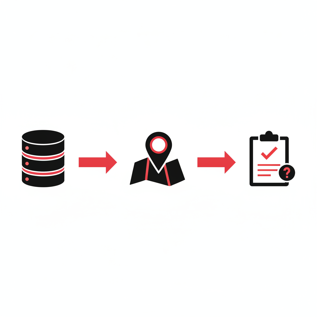 Flowchart diagram simplified: Database icon arrow to Map icon arrow to Clipboard Decision icon, minimal vector style red and black