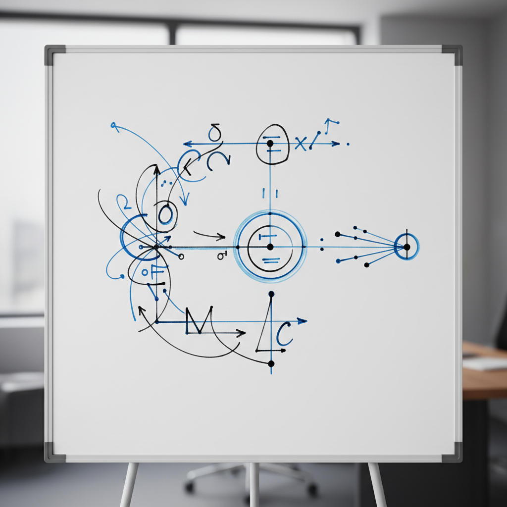 Mathematical formula concept on a clean office whiteboard, minimalist representation of calculation and optimization