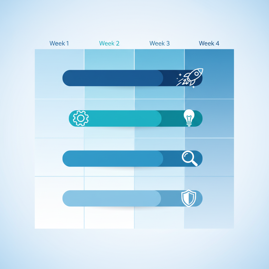 project roadmap timeline visualization, gantt chart style, clean vector graphics, milestones marked with icons, weeks 1 to 4 progress