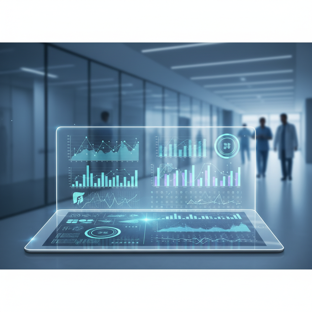 Digital tablet showing medical analytics graphs and data overlaid on a hospital background, futuristic interface