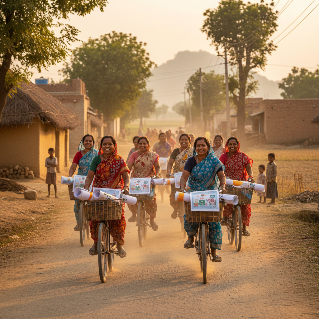 Indian community health workers riding bicycles in a rural village road, carrying awareness posters, dusty road, warm sunlight, realistic photojournalistic style