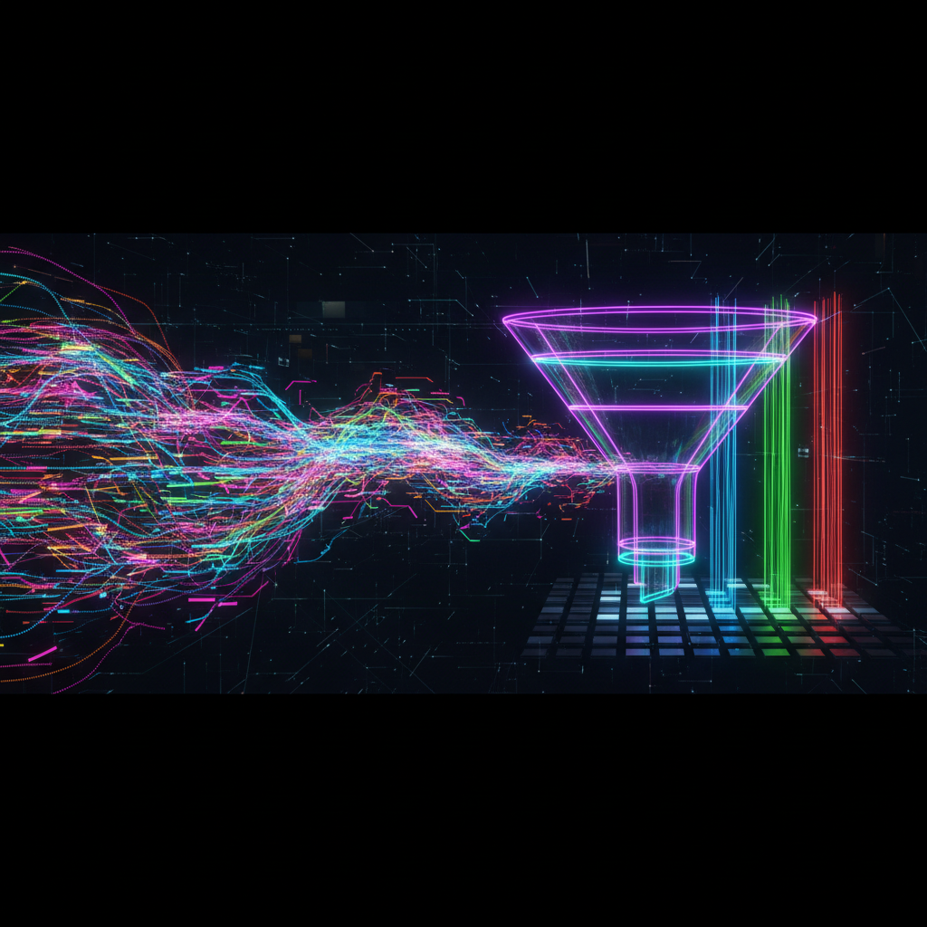 Visualization of a database query filter, data flowing through a funnel mechanism and turning into organized results, vibrant neon colors
