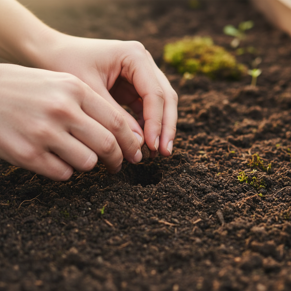 close up of hands gently planting a seed in soil, care, responsibility, nurturing, soft focus