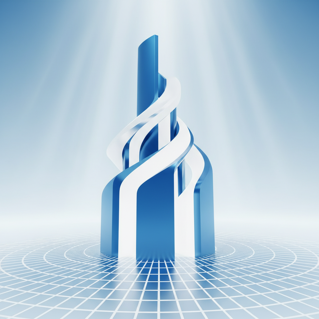 Abstract 3D architectural representation of upward growth and structure, corporate blue and white theme, minimalist, high quality