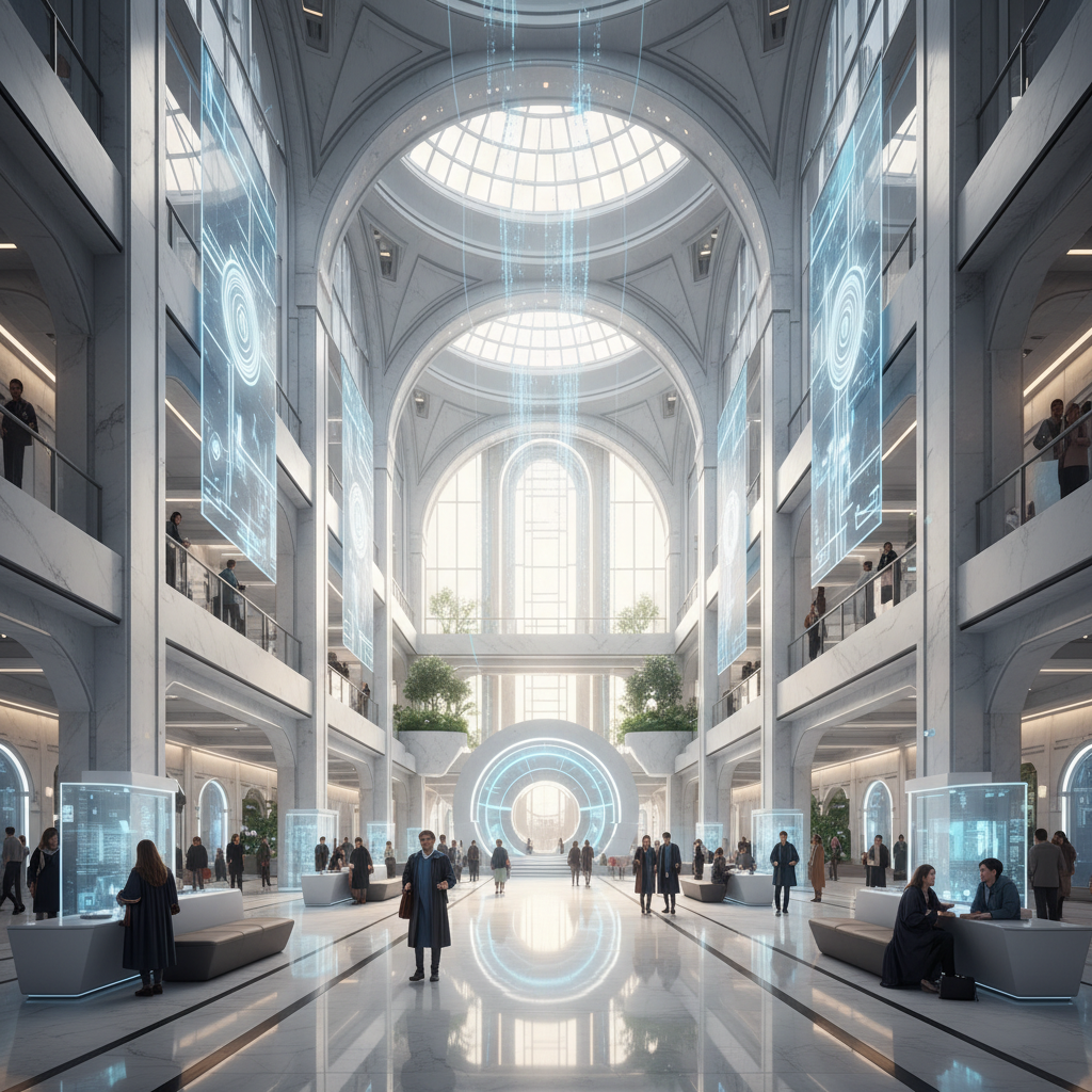 futuristic grand university campus hall in Russia, architectural symmetry, soft morning light, academic atmosphere, high resolution, photorealistic, 8k