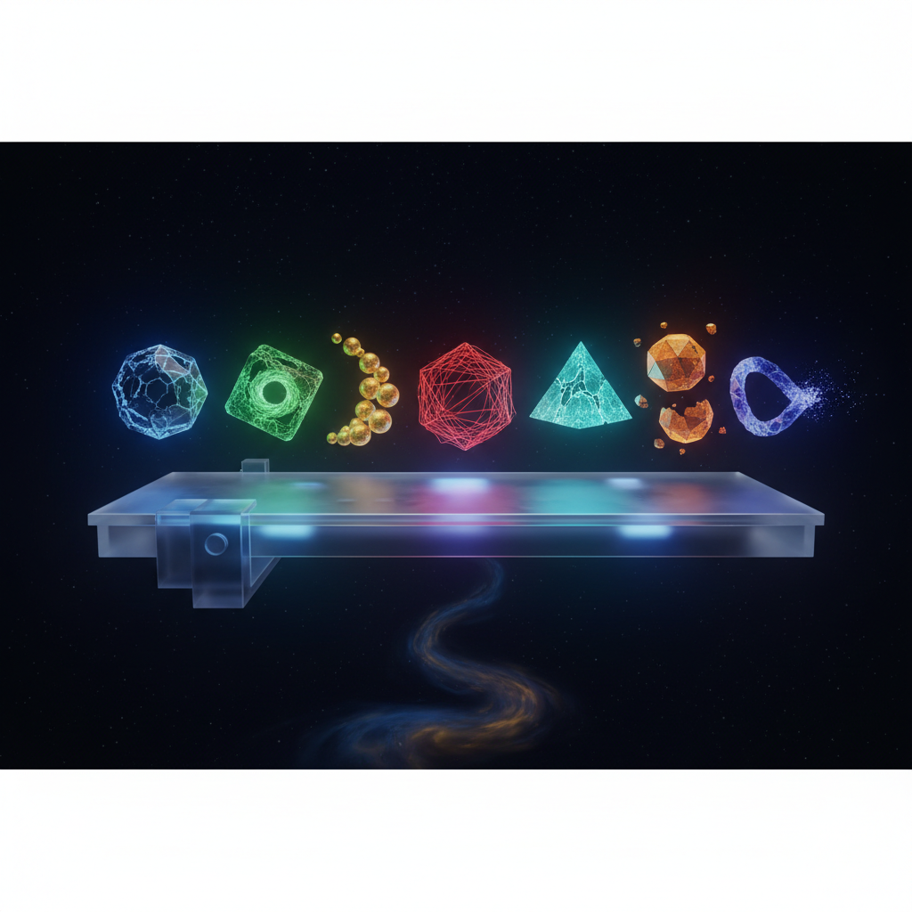 A glowing workbench hovering in a dark space with 7 floating distinct geometric objects floating above it, representing limited capacity, conceptual art.