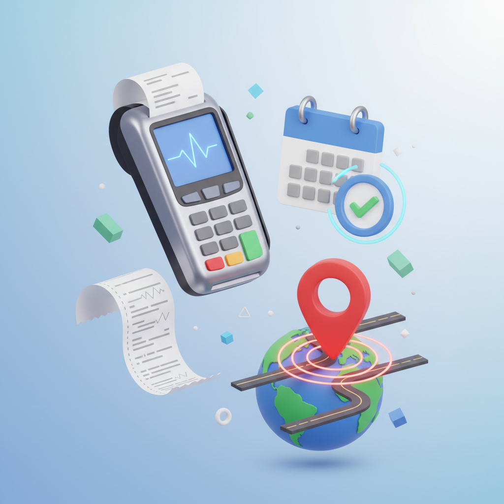3D illustration collage of payment terminal, printed receipt, calendar appointment, and tracking map pin