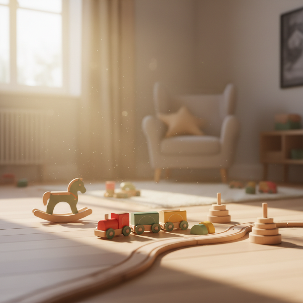 A warm, soft-focus photograph of a child's playroom floor with wooden toys, sunlight streaming through a window, shallow depth of field, peaceful atmosphere, no people