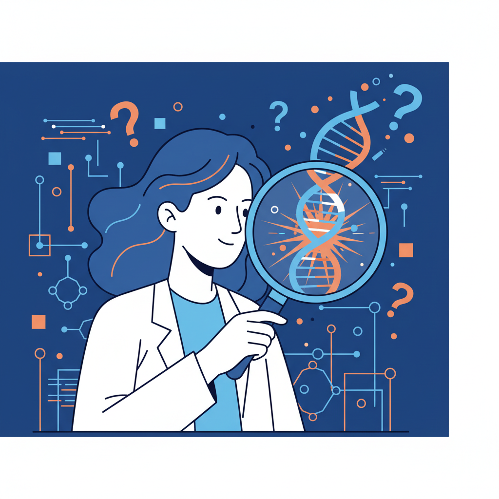 Illustration of a scientist looking at a DNA helix through a magnifying glass, question marks, scientific discovery concept, blue and orange colors