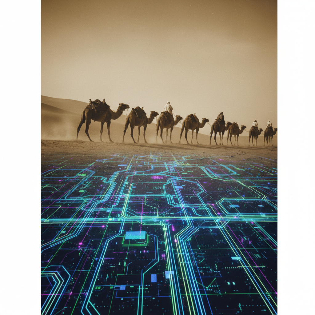 A conceptual double exposure art piece showing an ancient silk road caravan fading into a modern digital fiber optic network map, sepia to neon transition, highly detailed