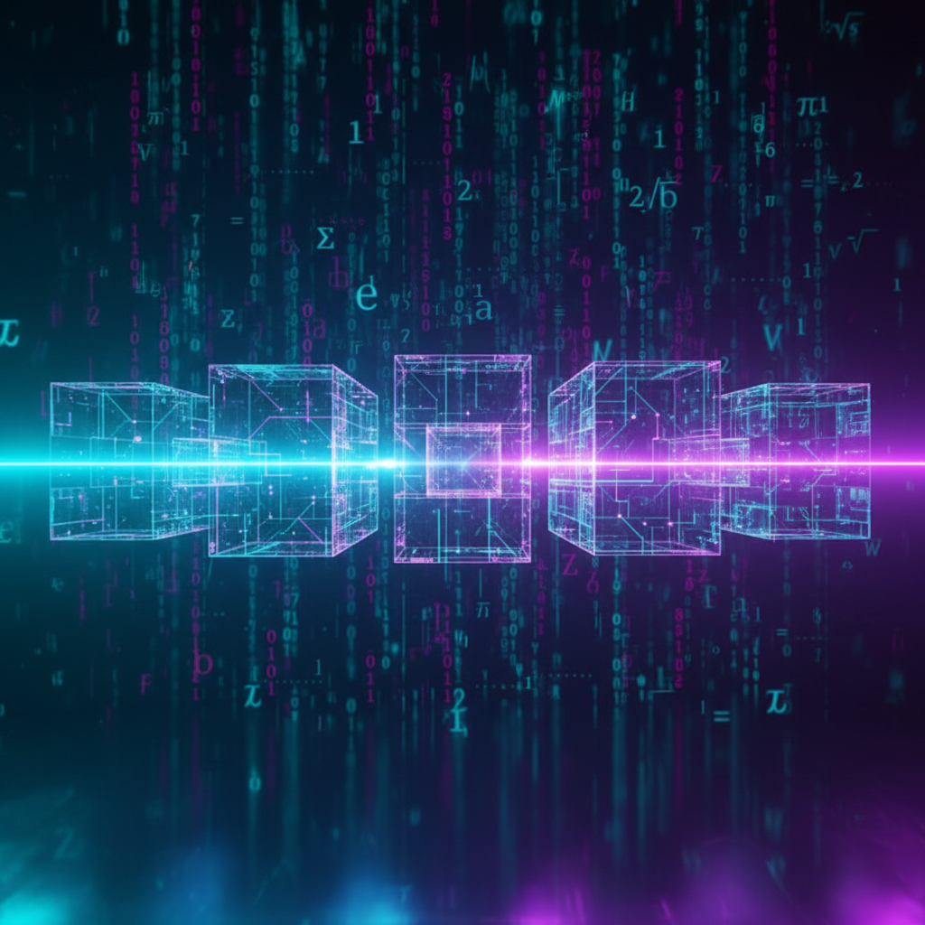 visualization of a blockchain hashing process, a chain of digital blocks where a beam of light passes through them changing color, binary code background, mathematical symbols, cyan and purple neon glow