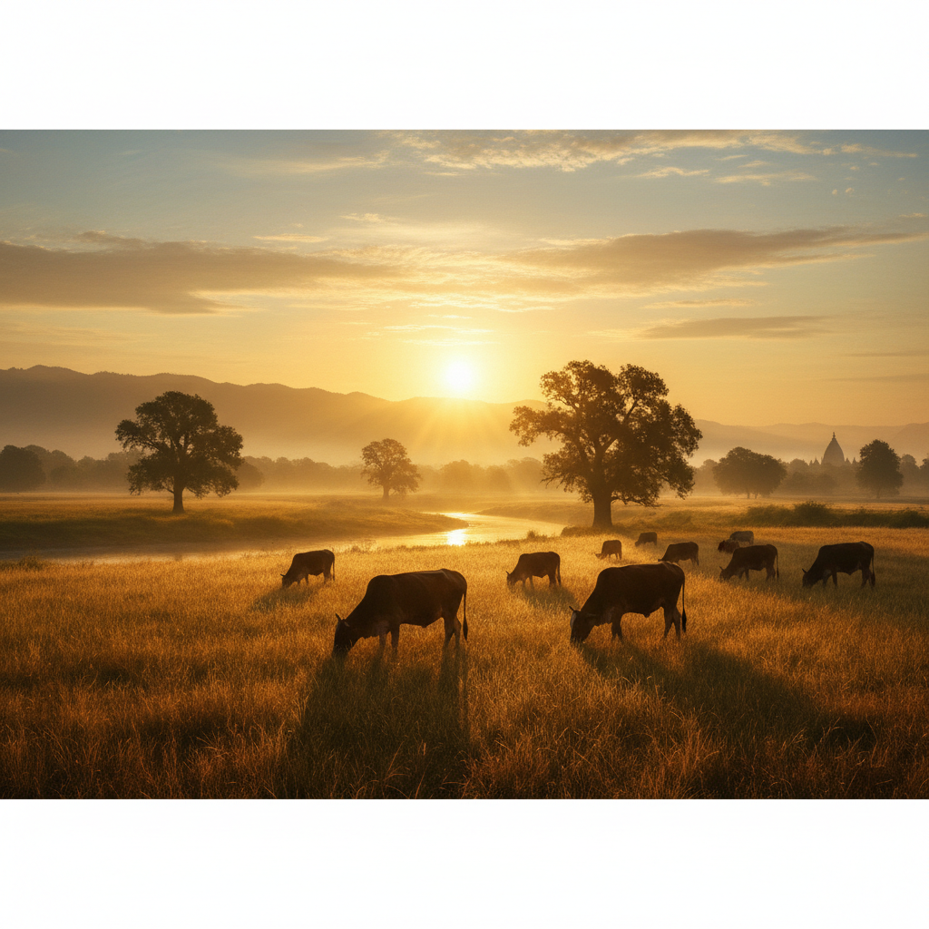 Epic landscape of India with golden sunlight, silhouettes of cows grazing, symbolizing a bright future, high quality art style