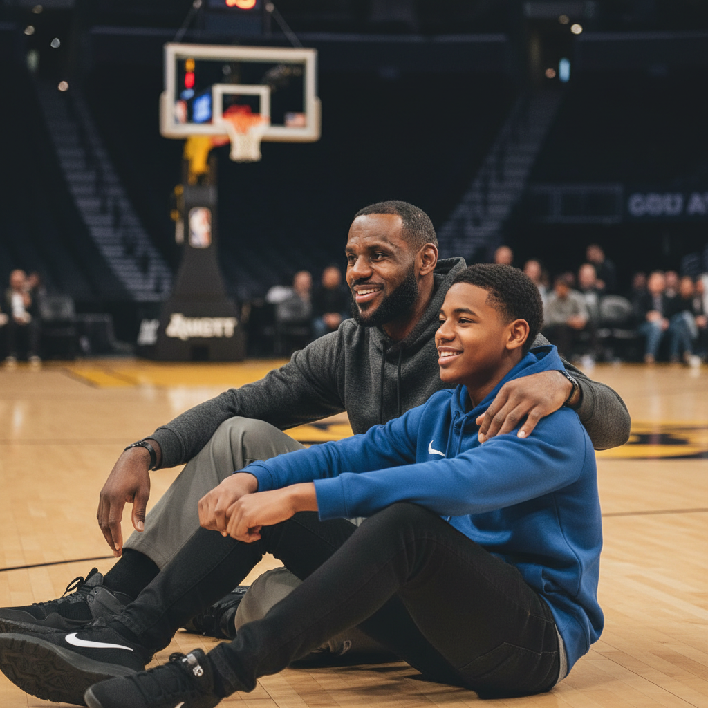 LeBron James sitting courtside with arm around Bronny James, basketball court background, father-son moment