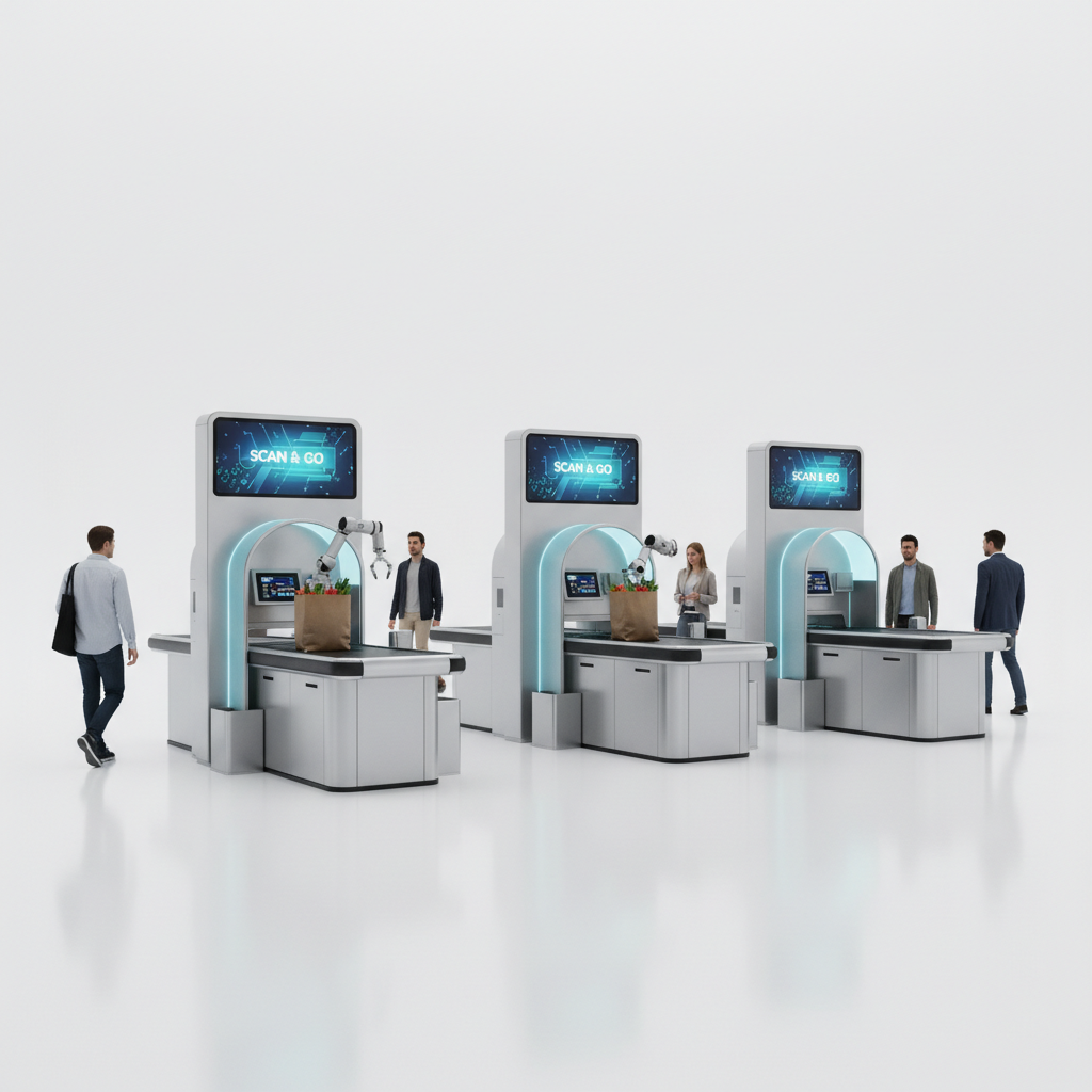 Modern supermarket checkouts automated technology clean background