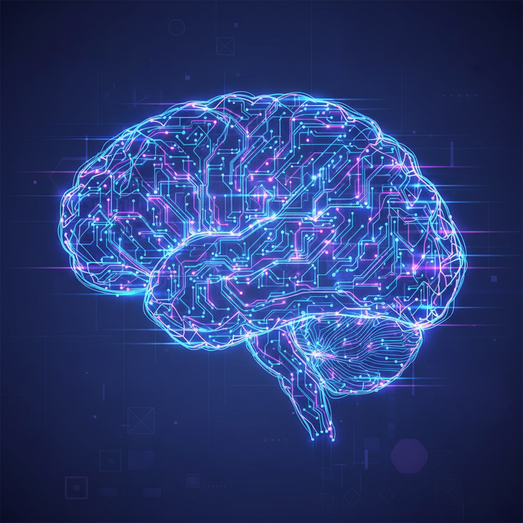 Conceptual illustration of neural reflexes, electric impulses traveling through brain circuits, glowing nodes, schematic medical style, blue and purple lighting