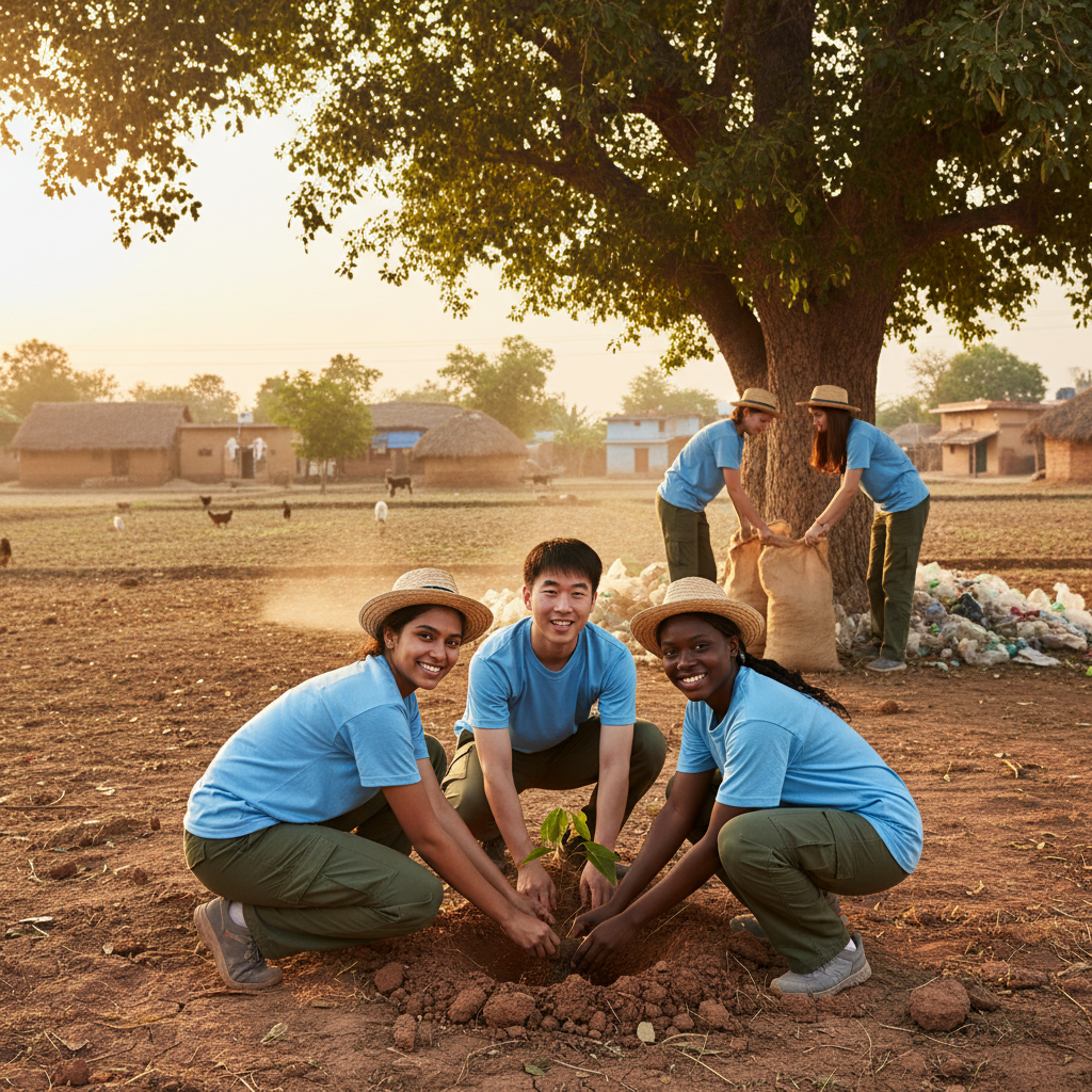 A group of diverse university students wearing simple volunteer uniforms working together in an Indian village setting, planting trees or cleaning, warm lighting, realistic style