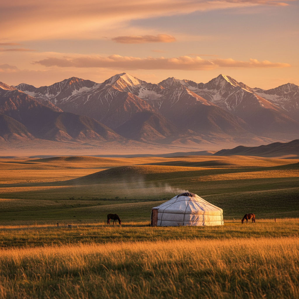 Beautiful scenic view of Kazakh steppe with a traditional yurt and mountains in the background, golden hour sunlight, hyperrealistic