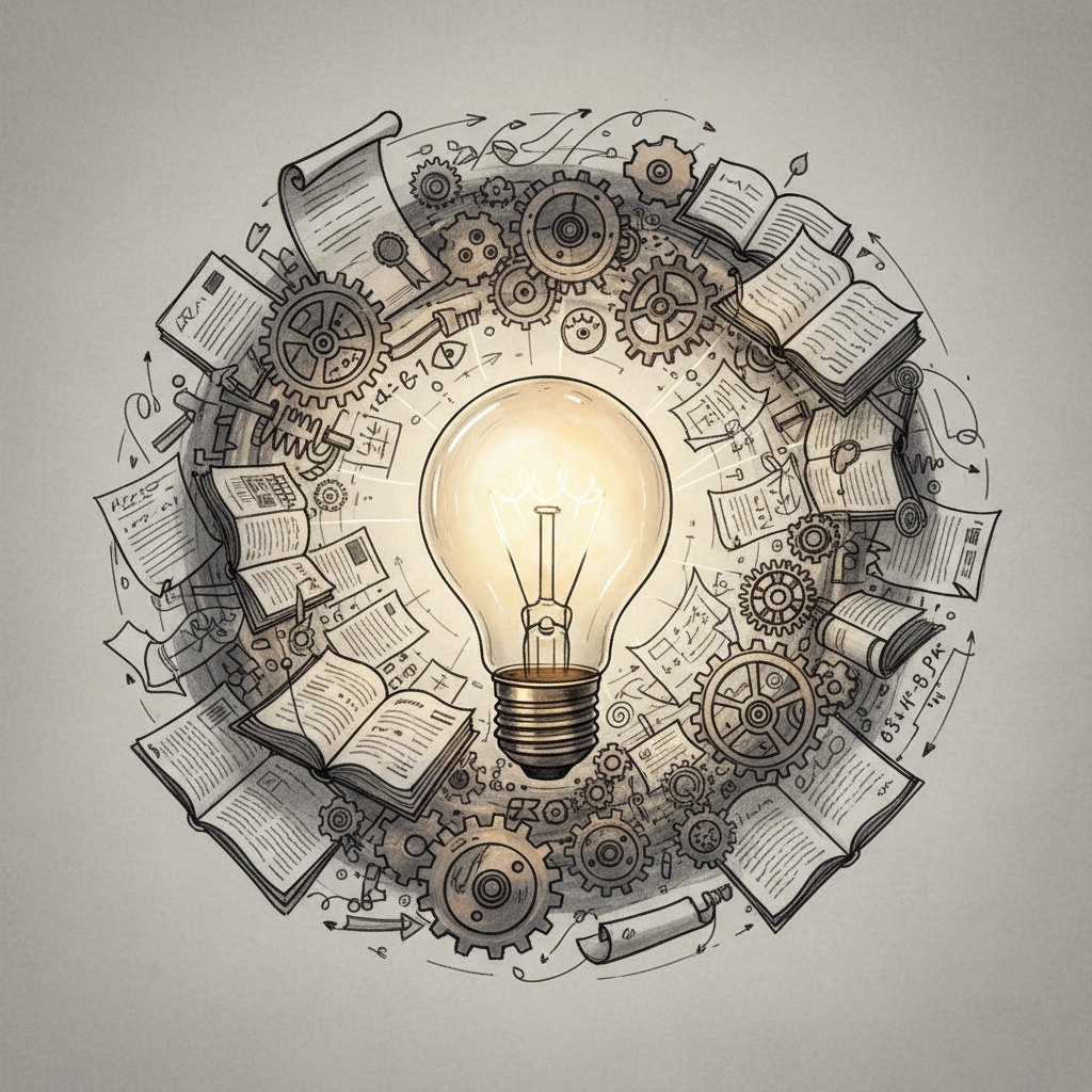 glowing lightbulb surrounded by diverse sketches of documents and gears, symbolizing learning from experience