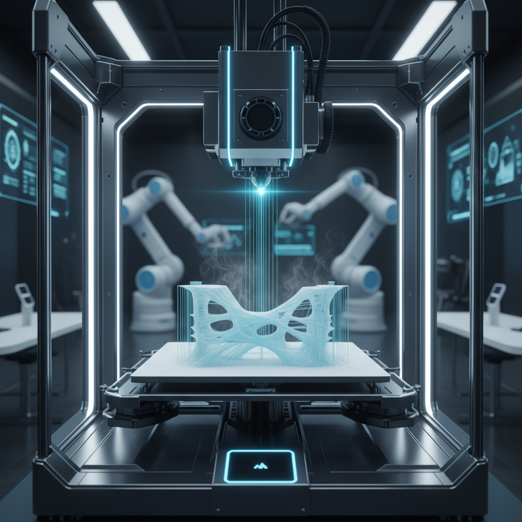 Close up of a 3D printer creating a prototype, laser sintering process or filament extrusion, futuristic laboratory setting