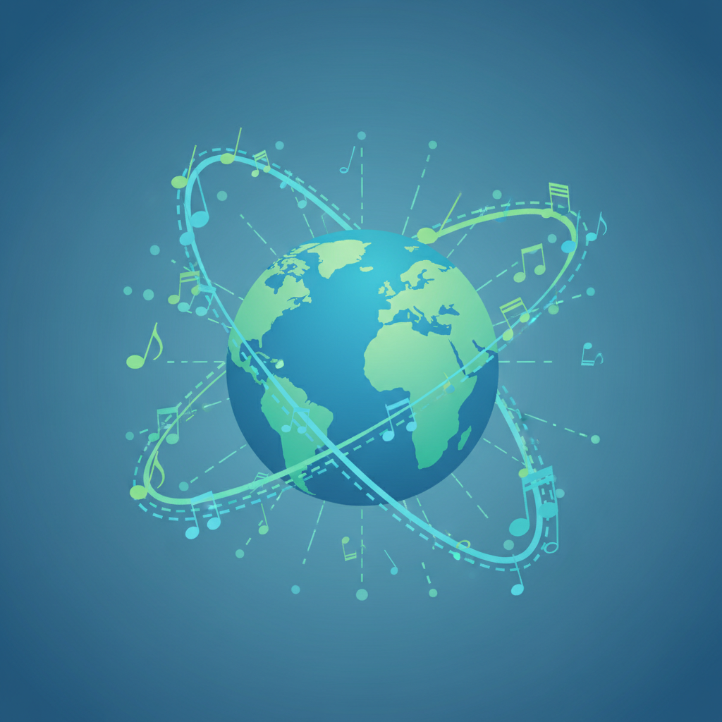 Illustration of a globe with musical notes orbiting it, connectivity, modern flat design, blue and green