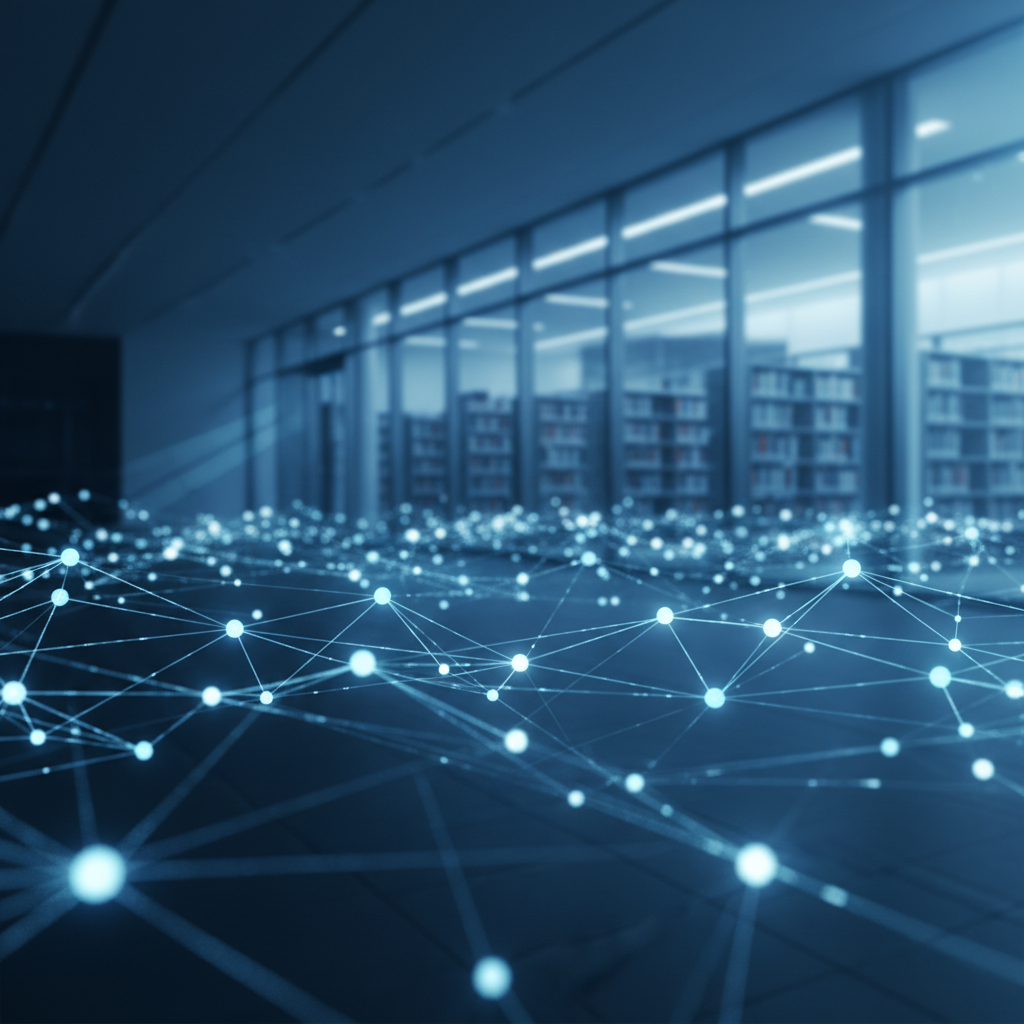 abstract educational background, digital connections, glowing nodes, university library blurred in background, blue and white color palette, cinematic lighting, high quality, 8k