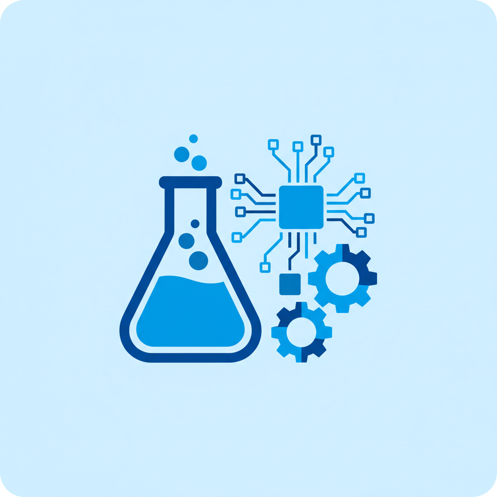 Science flask and computer gear minimal icon blue