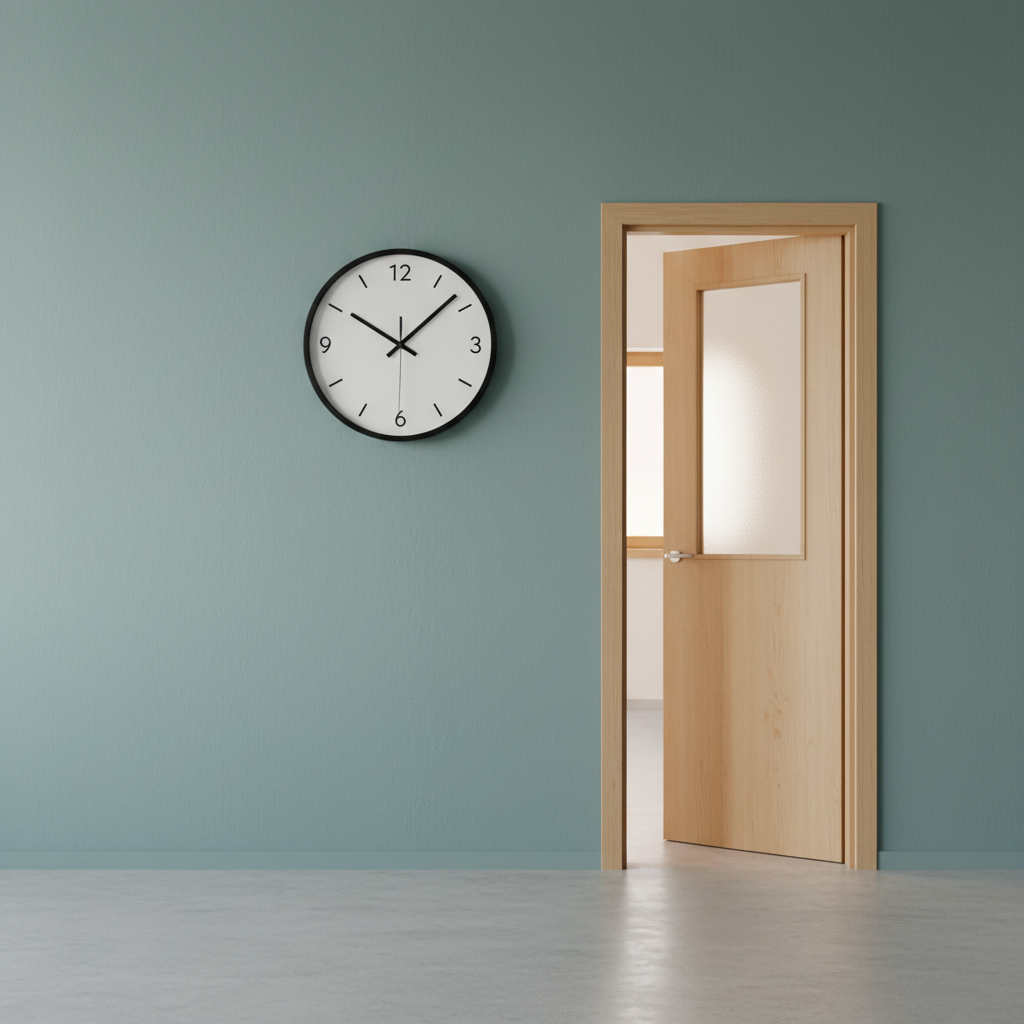 Classroom wall clock showing 8:15 and a slightly open door, conceptual, minimalist