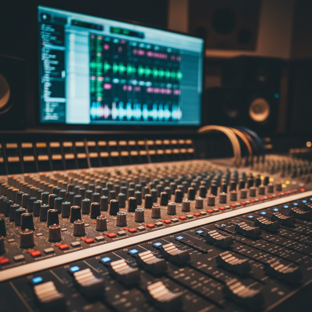 close up shot of a professional recording studio mixing console, faders and knobs, digital audio workstation screen in background showing complex waveforms, bokeh, cinematic lighting, 8k resolution, photorealistic