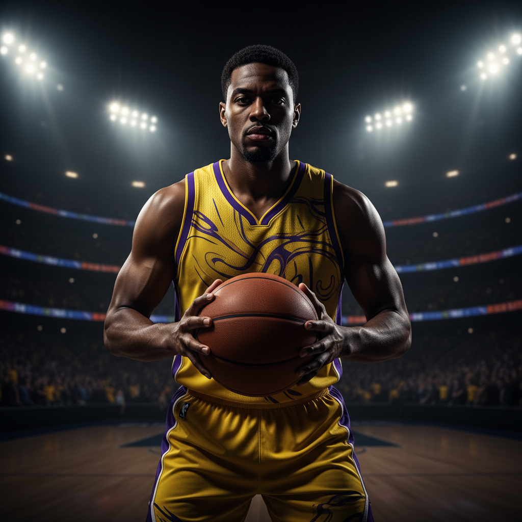 Cinematic portrait of a basketball player in a yellow and purple jersey holding a basketball, dramatic lighting, stadium background, high resolution