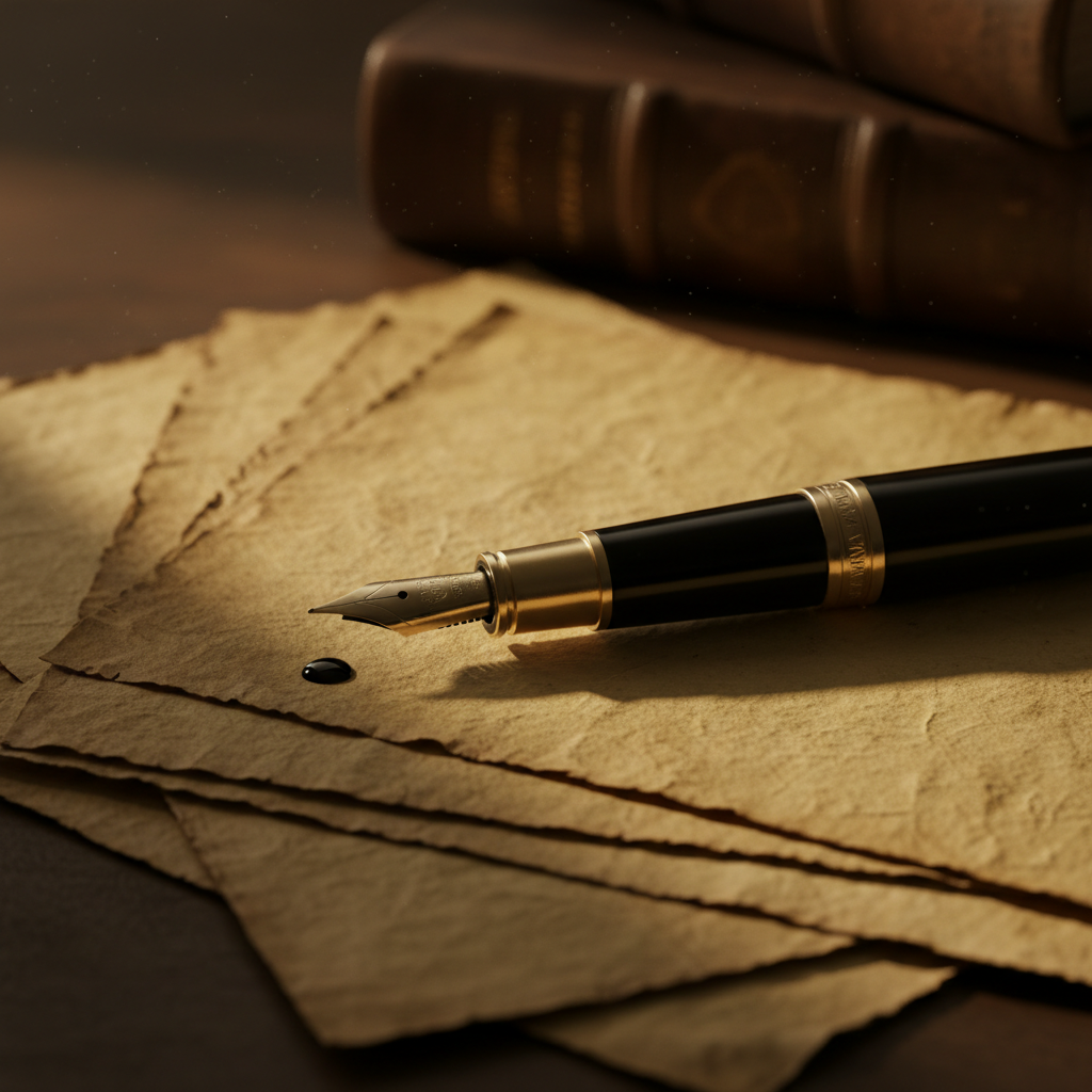 Cinematic close-up of a vintage fountain pen resting on a stack of aged paper with dramatic lighting, deep shadows, 8k resolution, photorealistic