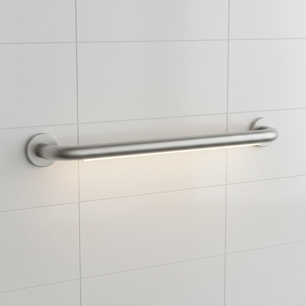 Product shot of a sleek, L-shaped matte silver bathroom safety bar with a soft integrated LED strip glowing gently against a white tiled wall, product photography, studio lighting