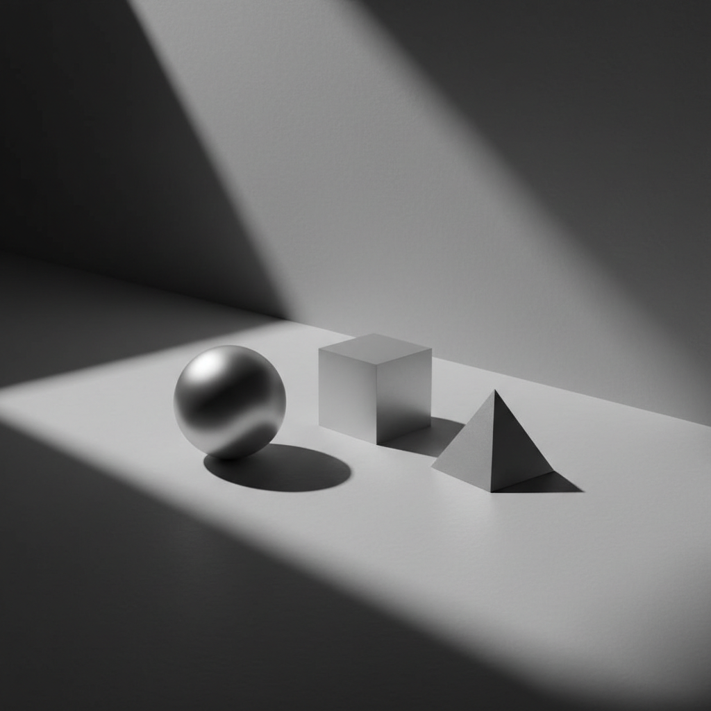 Minimalist geometric composition with a sphere, cube, and pyramid, monochromatic greyscale, dramatic side lighting casting long shadows
