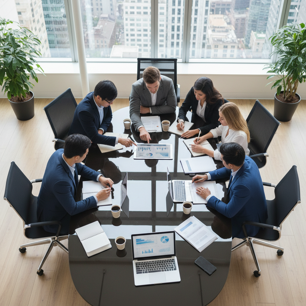 diverse corporate team collaborating around a table, professional office setting, overhead view