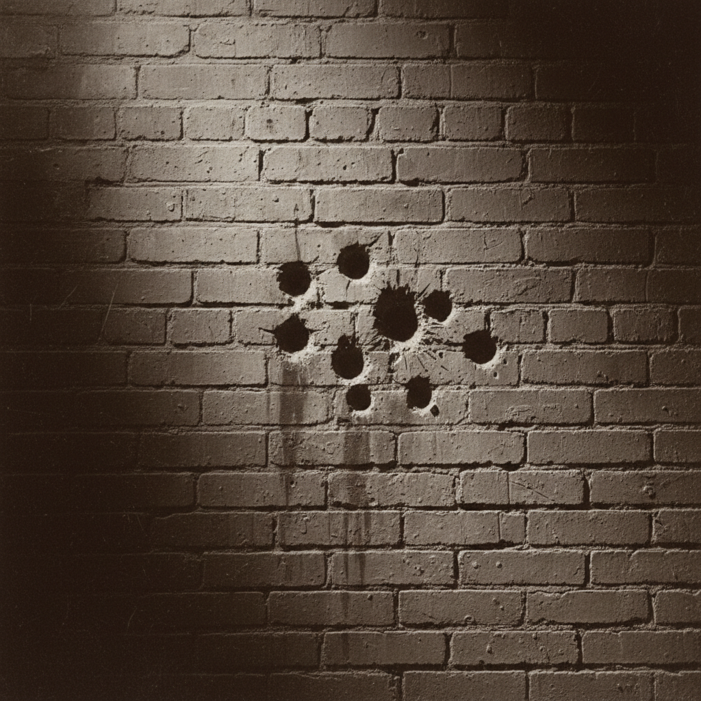 Brick wall with bullet holes, vintage 1929 atmosphere, prohibition era, sepia filter, noir style lighting