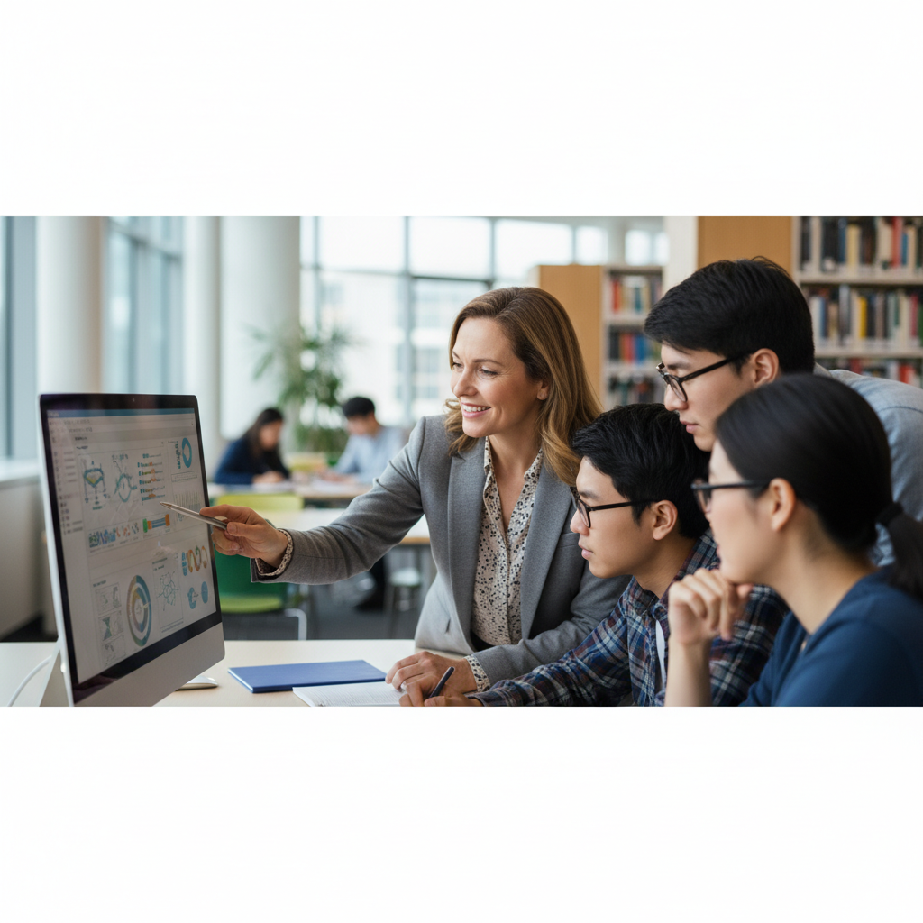 Teacher mentoring students pointing at computer screen university library