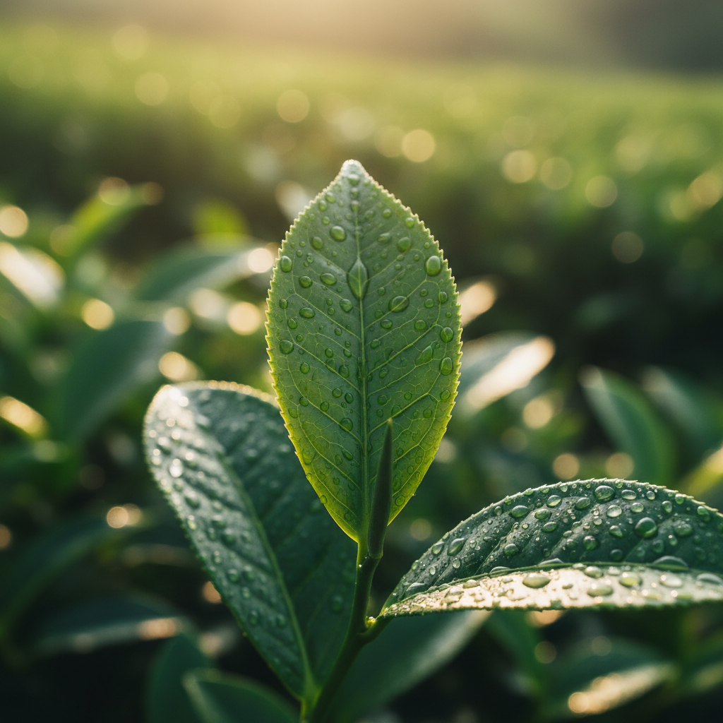 Close up of a green tea leaf with dew drops in a sustainable plantation, soft sunlight, high resolution nature photography